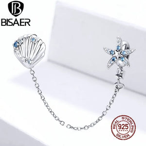Starfish & Shell Safety Chain 925 Silver Charm For Bracelet