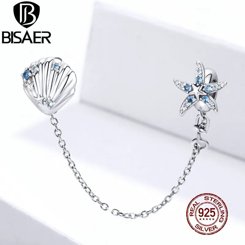 Starfish & Shell Safety Chain 925 Silver Charm For Bracelet
