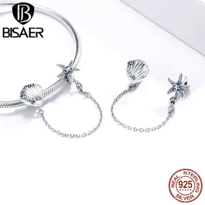 Starfish & Shell Safety Chain 925 Silver Charm For Bracelet