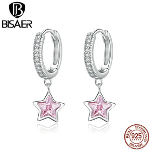 925 Silver Pink Star Earrings Round Stud Wedding Jewelry