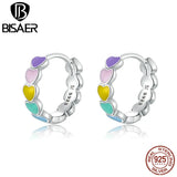 Rainbow Heart Hoop Earrings 925 Sterling Silver Colorful Enamel Round Earrings