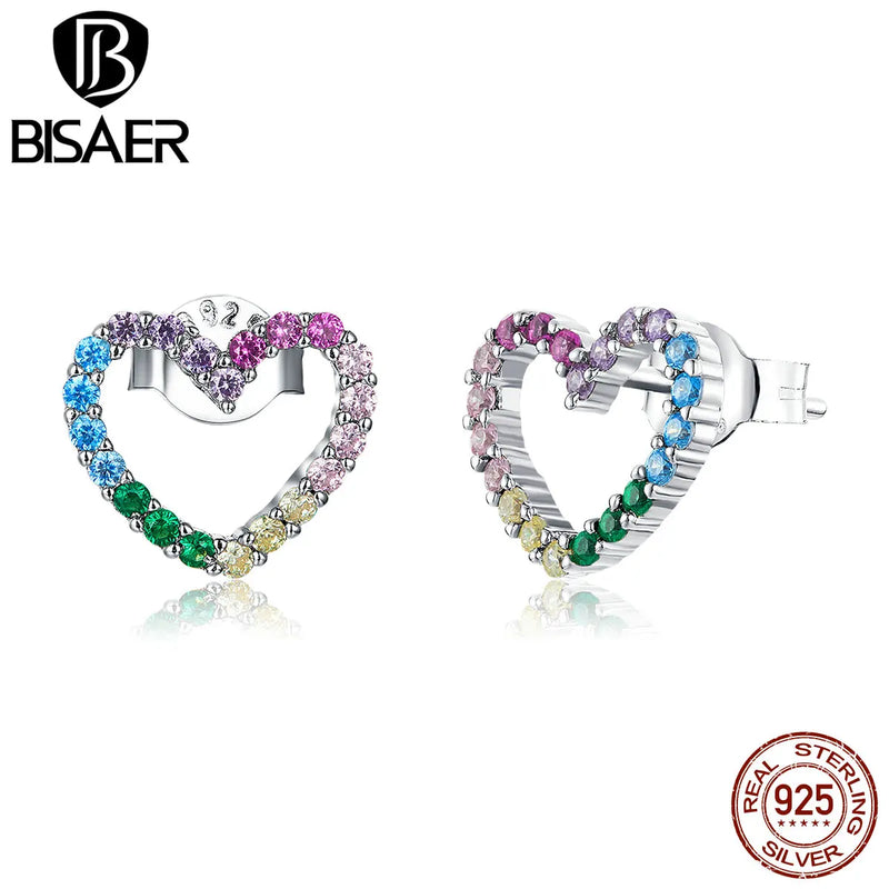 Sterling Silver Rainbow Heart Stud Earrings Colorful Zircon Jewelry