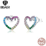 Sterling Silver Rainbow Heart Stud Earrings Colorful Zircon Jewelry