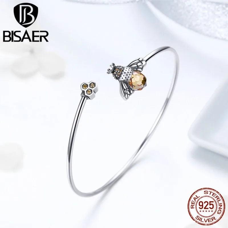 925 Silver Crystal Bee Honeycomb Bracelet Adjustable Opening Women Jewelry