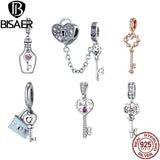 925 Silver Pink CZ Heart Charms Key Lock Beads Women Bracelet DIY