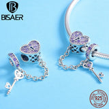 925 Silver Pink CZ Heart Charms Key Lock Beads Women Bracelet DIY
