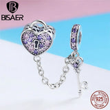 925 Silver Pink CZ Heart Charms Key Lock Beads Women Bracelet DIY