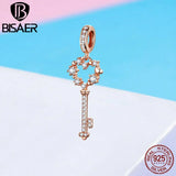 925 Silver Pink CZ Heart Charms Key Lock Beads Women Bracelet DIY