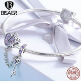 925 Silver Pink CZ Heart Charms Key Lock Beads Women Bracelet DIY