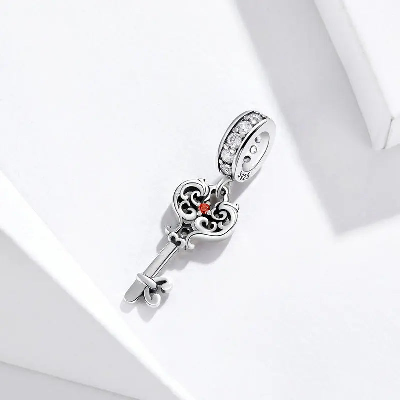 925 Silver Pink CZ Heart Charms Key Lock Beads Women Bracelet DIY