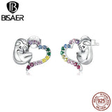 925 Silver Sloth Heart Stud Earrings Rainbow Zircon Women's Animal Earring