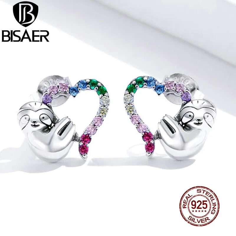 925 Silver Sloth Heart Stud Earrings Rainbow Zircon Women's Animal Earring