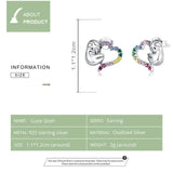 925 Silver Sloth Heart Stud Earrings Rainbow Zircon Women's Animal Earring