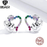 925 Silver Sloth Heart Stud Earrings Rainbow Zircon Women's Animal Earring