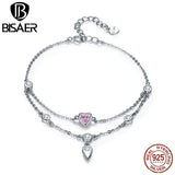 925 Silver Pink Heart Bracelet Double Layer Chain Link Women
