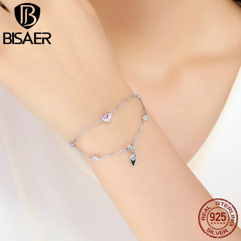 925 Silver Pink Heart Bracelet Double Layer Chain Link Women