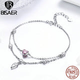 925 Silver Pink Heart Bracelet Double Layer Chain Link Women
