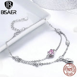 925 Silver Pink Heart Bracelet Double Layer Chain Link Women