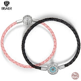 925 Silver Pink Rope Leather Bracelet CZ Clasp Silver Jewelry ECB114