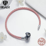 925 Silver Pink Rope Leather Bracelet CZ Clasp Silver Jewelry ECB114