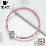 925 Silver Pink Rope Leather Bracelet CZ Clasp Silver Jewelry ECB114