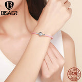 925 Silver Pink Rope Leather Bracelet CZ Clasp Silver Jewelry ECB114