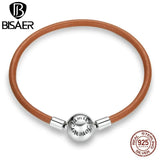 925 Silver Family Leather Bracelet Round Clasp DIY Jewelry