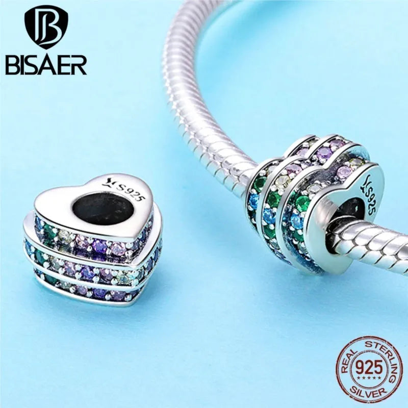 Rainbow Heart Radiant Spacer 925 Silver Charms Beads for Bracelets Necklaces