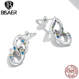 925 Sterling Double Ring Chain Colorful Zircons Stud Earrings For Women
