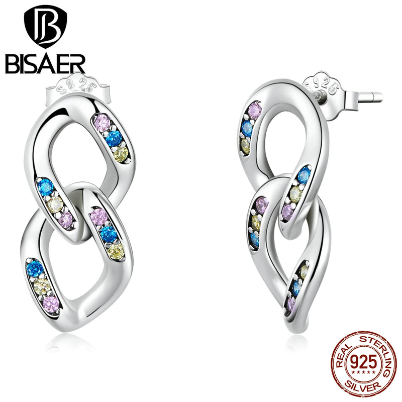 925 Sterling Double Ring Chain Colorful Zircons Stud Earrings For Women