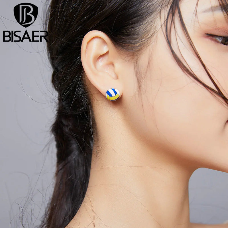 925 Silver Volleyball Stud Earrings Enamel Round Earrings