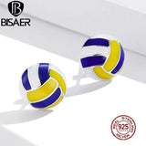 925 Silver Volleyball Stud Earrings Enamel Round Earrings