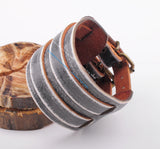 Gray Double Band Leather Bracelet Bangle Mens