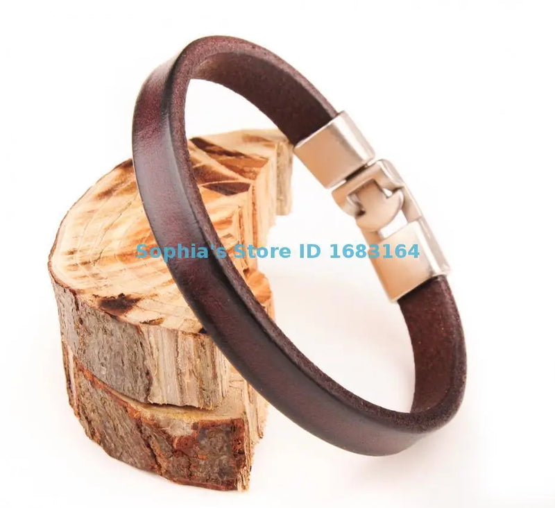 Brown Mens Single Wrap Slim Leather Cuff Bracelet Wristband