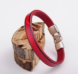 Red Mens Single Wrap Slim Leather Cuff Bracelet Wristband