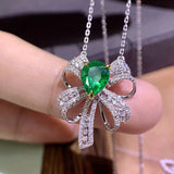 ANGEL Silver Emerald Gemstone Bow Pendant Zircon Necklace