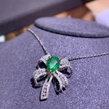 ANGEL Silver Emerald Gemstone Bow Pendant Zircon Necklace