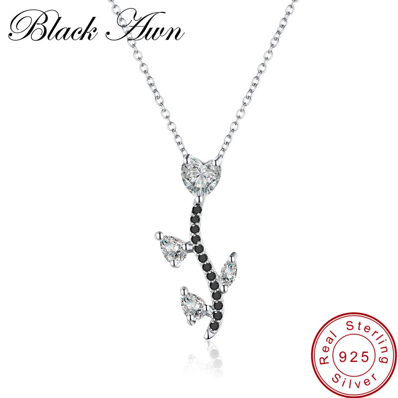 [BLACK AWN] 925 Silver Necklace Black&White Stone Women Pendant P033