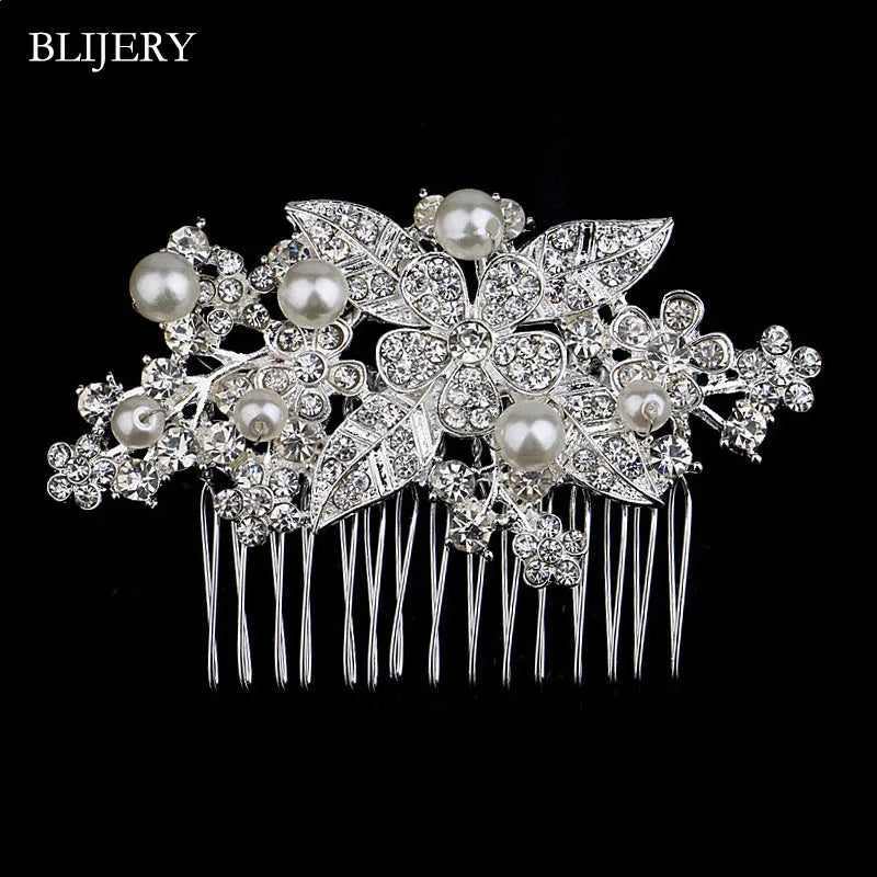 Pearls Crystal Wedding Hair Combs Silver Flower Headpiece Hair Jewelry
