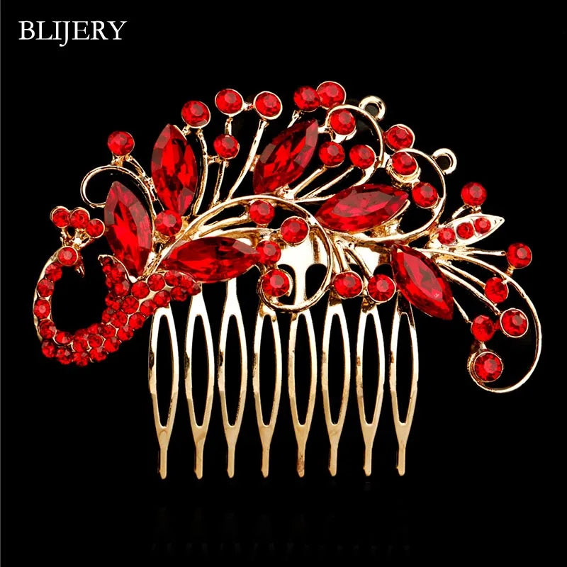 Red Rhinestone Floral Bridal Hair Comb