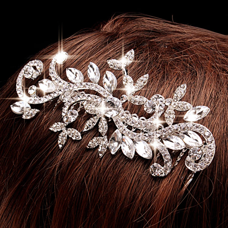 Silver Rhinestone Crystal Brides Tiara Wedding Hair Combs