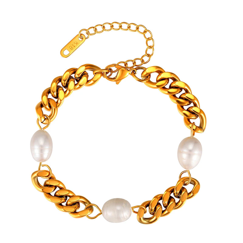 316 Stainless Steel Pearls Double Link-Chain Bracelet For Women