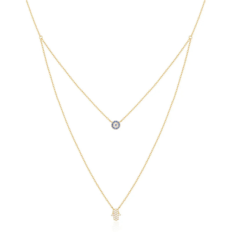 Evil Eye Palm Pendant Necklaces Crystal Double Layer Couple Jewelry