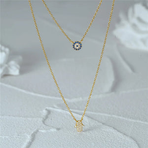 Evil Eye Palm Pendant Necklaces Crystal Double Layer Couple Jewelry