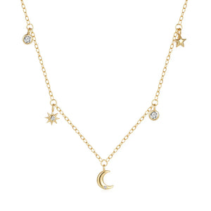 925 Silver Stacked Necklace 18K Plated Star Moon Crystal Double Layered Choker
