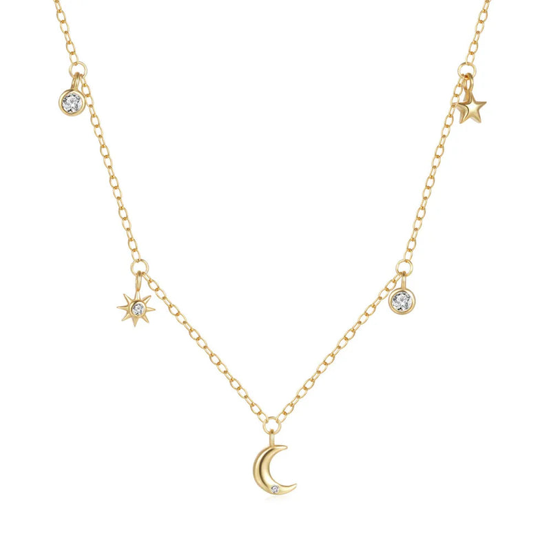 925 Silver Stacked Necklace 18K Plated Star Moon Crystal Double Layered Choker