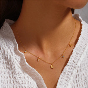925 Silver Stacked Necklace 18K Plated Star Moon Crystal Double Layered Choker