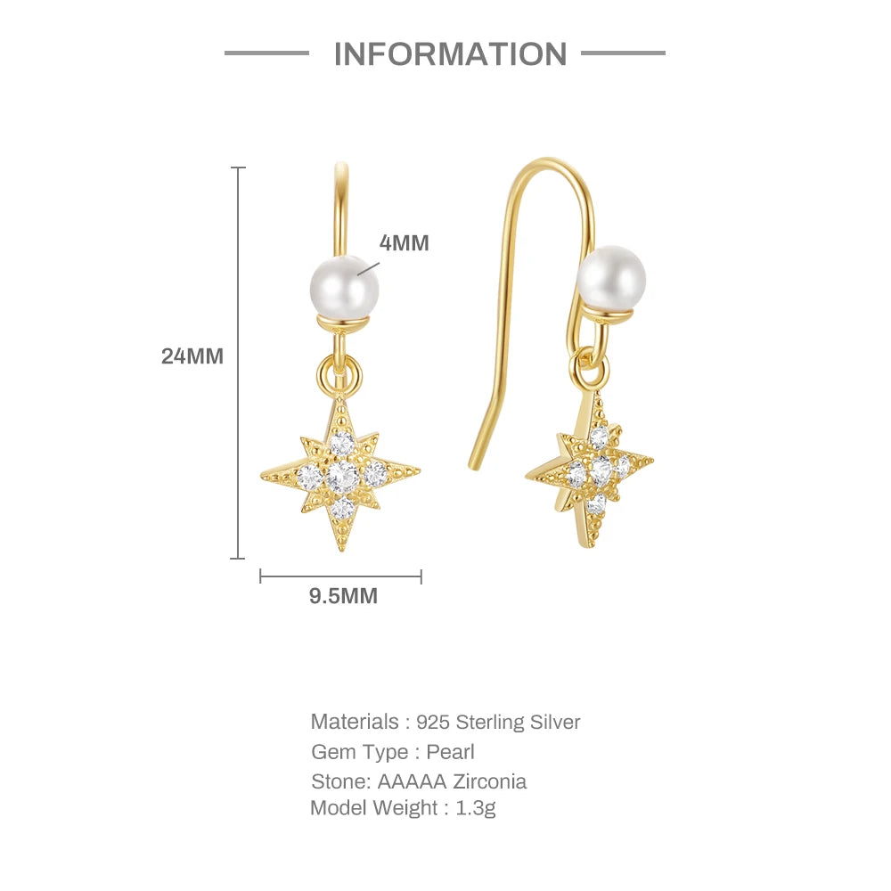 925 Sterling Silver Women's Earrings Octagram CZ Pearl Ear Hook Pendant