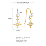 925 Sterling Silver Women's Earrings Octagram CZ Pearl Ear Hook Pendant