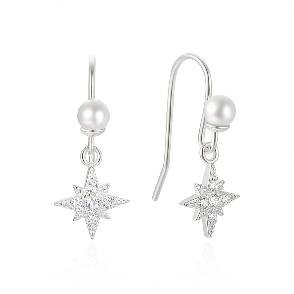 925 Sterling Silver Women's Earrings Octagram CZ Pearl Ear Hook Pendant